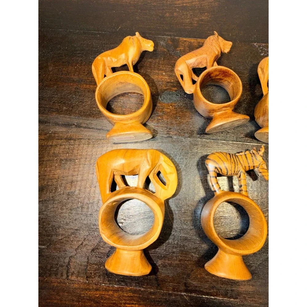 6 Hand Carved Wooden Africa Kenya‎ Safari Animal Napkin Rings
